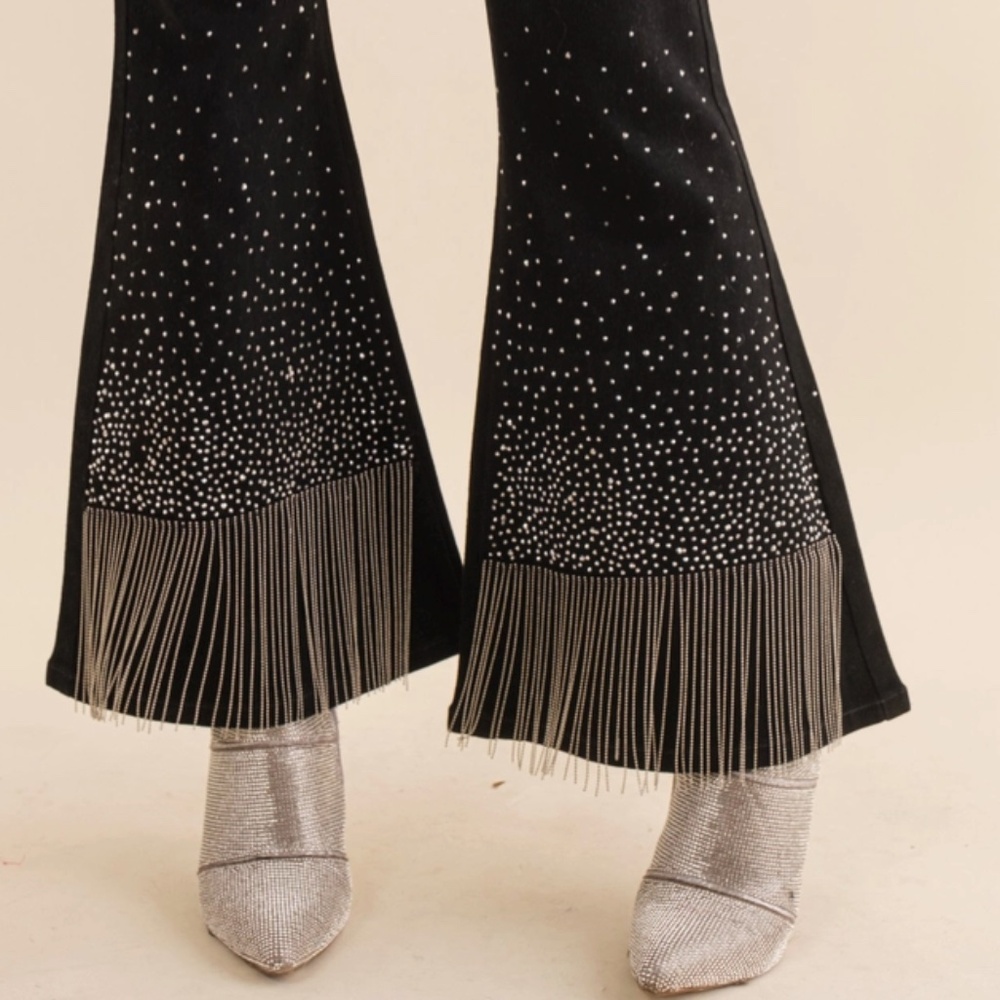 NEW! by Blue B Cotton Stretch Studded Rhinestone Fringe Bell Bottom Jeans Sz SML - Picture 5 of 16